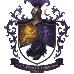Гербы семьи [Мистический туман и звёзды вокруг]     Шлем с перьями (сиреневыми) + Полумесяц (серебряный)  [Верхняя часть щита с золотым свечением]  | Лев (золотой с искрами) | Дева с весами и звёздочками (сиреневая) |  [Нижняя часть щита]         Скорпион (чёрно-фиолетовый с красным жалом и глазами)  [Мистический круг/руна внизу | Девиз: 