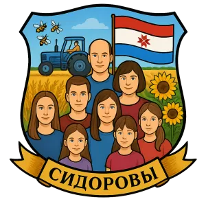 Герб семьи папа работает на поле, подсолнухи, пшеница, синий трактор, поле, папа 48 лет, мама 46 лет, сестра вика 28лет, сестра катя 22года, брат кирилл 18 лет, сестра полина 13 лет, сестра ксюша 11 лет, нацыональность мордва, ульеки с пчелами, село турхановка, папа без усов,флаг мордовии, голубое небо, у папы не большая лысина а у мамы каре на волосах у всех голубые глаза, 7 человек